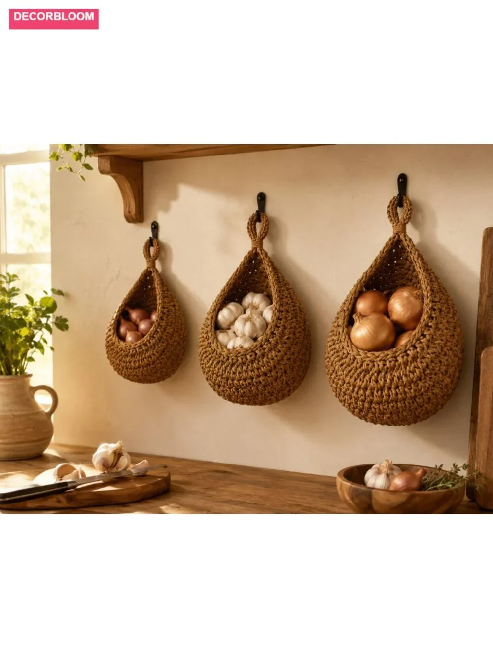 3 Pack Boho Hanging Wall Baskets for Kitchen Storage with Hooks